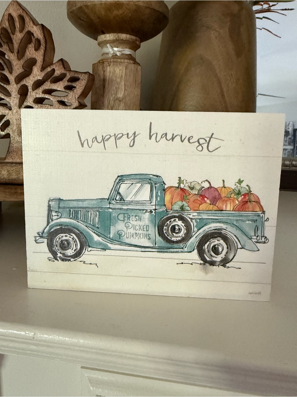 Happy harvest pumpkin pickup truck wood sign